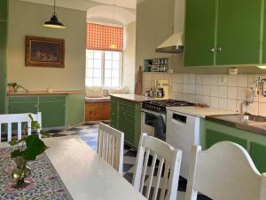 a kitchen with green cabinets and a table with chairs at Guest apartment in the castle in Höör