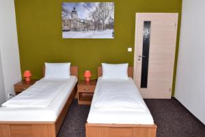 two beds in a room with green walls at Apartmány U Gigantu in Pilsen +13 photos