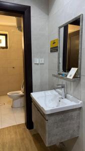 a bathroom with a sink and a mirror and a toilet at شقق تاج اليرموك الفندقية in Tabuk +10 photos
