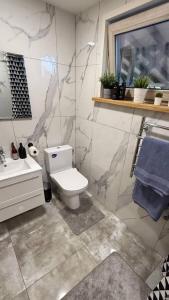 a bathroom with a white toilet and a sink at Rūdupji Anna in Kalniena