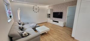 a living room with a couch and a tv at Ferienwohnung in Lohrheim in Lohrheim