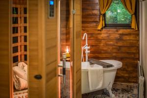 a bathroom with a toilet and a tub and a window at Mátra Boutique in Mátraszentimre