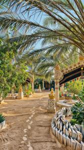 a walkway with a bridge and palm trees in a park at Tente et Restaurant ElBey in Douz