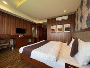 a bedroom with a bed and a desk and a television at Hotel Royal Serena in Ambāla