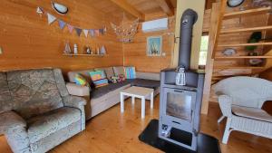 a living room with a couch and a stove at Hausboat Kvapka in Jarovce