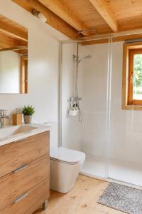 a bathroom with a shower and a toilet and a sink at Cabanas Allariz in Allariz +16 photos