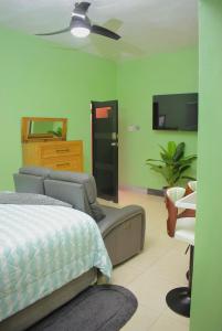 a bedroom with a bed and a flat screen tv at Cedar Grove Luxe in Portmore