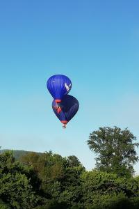 a blue hot air balloon flying in the sky at Le roqual in Carsac-Aillac