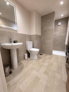 a bathroom with a sink and a toilet at The Old Malthouse Caerleon in Caerleon