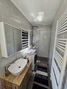 a bathroom with a white sink and a shower at Apartman ANTEO in Slavonski Brod +35 photos