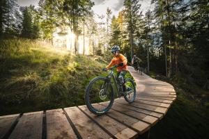 a person riding a bike on a wooden bridge at Tirol Chalet Brixen in Brixen im Thale