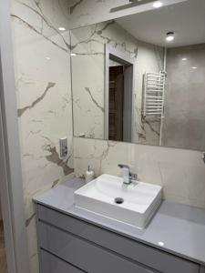 a bathroom with a white sink and a mirror at Urban Relax AC Progres in Toruń