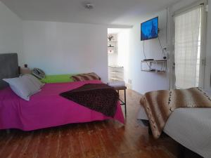 a bedroom with a bed with a pink blanket at Mi casa, Su casa in Salta