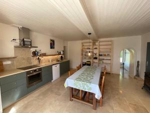 a large kitchen with a table and a kitchen with green cabinets at La ferme Bourguignonne in Saizy +19 photos