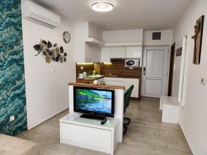 a living room with a tv and a kitchen at Rubin Verde Residence in Sárvár