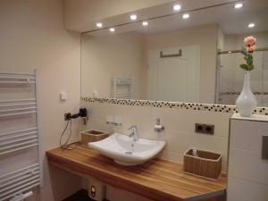 a bathroom with a sink and a large mirror at Ferienwohnung Graf Knurrhahn in Karlshagen