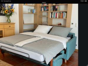 two beds in a room with a book shelf at See & Natur Apartment Uffing in Uffing