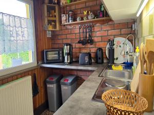 a kitchen with a sink and a brick wall at Ferienhaus am Wiesengrund in Sagard