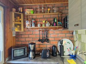 a kitchen counter with a microwave and a brick wall at Ferienhaus am Wiesengrund in Sagard +7 photos