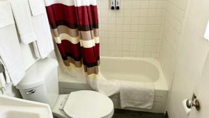 a bathroom with a toilet and a shower curtain at Magnuson Hotel Sierra Vista in Sierra Vista +28 photos
