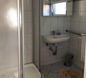 a bathroom with a sink and a shower at Ferienhaus Karger in Sagard