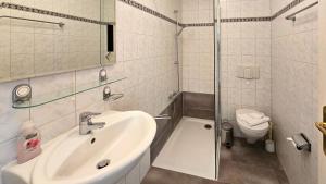 a bathroom with a sink and a shower and a toilet at Ferienwohnung Feuerstein in Sassnitz