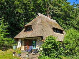 a thatch roofed house with a porch and a porch at Reethus Mandy in Staphel