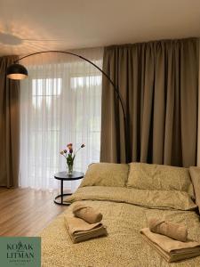 a bedroom with a bed with two pillows on it at Apartmán KOZAK LITMAN in Litmanová
