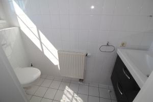 a white bathroom with a toilet and a sink at Ferienwohnung Kranichglück in Neddesitz +5 photos