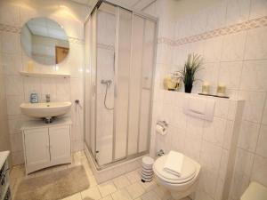 a bathroom with a shower and a toilet and a sink at Villa Seeblick - Apartment 309 in Sassnitz +1 photo