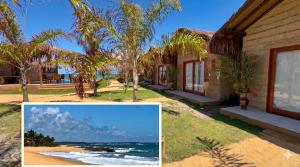 a collage of two pictures of a house and the ocean at Pousada Nitxi Awêry in Caraíva