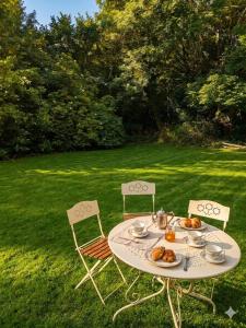 a table with plates of food on it in a yard at Volca'séjour in Orcines