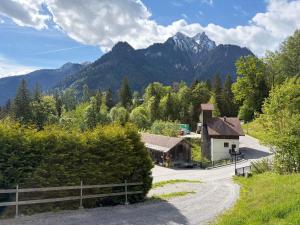 a village with a house and mountains in the background at Appartement Bergwild in Bürserberg