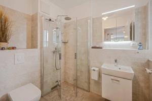 a bathroom with a shower and a toilet and a sink at Usedom-Idyll in Loddin +34 photos