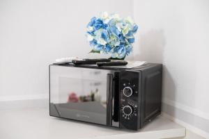 a black microwave with a flower on top of it at Piccola Casa Melis in Capoterra