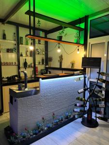 a kitchen with a sink and a counter with wine bottles at Bella Vista in Shkodër