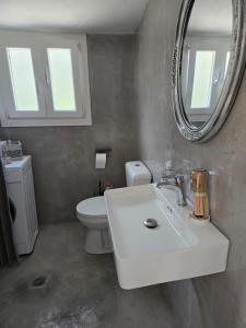 a bathroom with a sink and a toilet and a mirror at Olive garden cottage, Krines in Vélon +38 photos