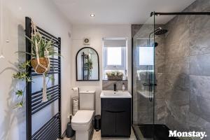 a bathroom with a toilet and a sink and a shower at Walled City House in Derry Londonderry