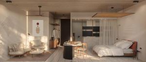 a bedroom with a bed and a table and chairs at The Nines in Ayia Napa +32 photos