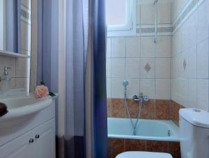 a bathroom with a shower and a toilet and a sink at Caramela Beach House in Agios Georgios Pagon +19 photos