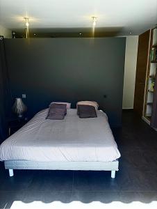 a large bed in a room with a green wall at Maison agostini in Zonza