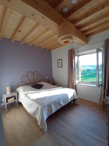 a bedroom with a bed and a large window at Chambres D'hôtes Les Noisetiers in Saint-Martin-Lestra