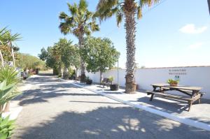 a park with benches and palm trees on a street at Casa Samuel con piscina comunitaria y porche in Cádiz