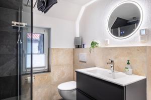 a bathroom with a sink and a toilet and a mirror at Ferienwohnung Schrödter in Schramberg +24 photos