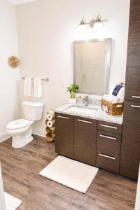 a bathroom with a sink and a toilet and a mirror at Ember Sky Penthouse in Atlanta +12 photos