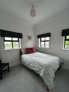 a bedroom with a bed and two windows at Teach na Radharc in Raheen