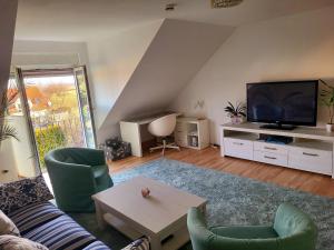 a living room with a couch and a tv at Ferienwohnung Erdmännchen in Erfurt