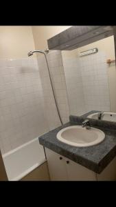 a bathroom with a sink and a mirror and a tub at Studio pied de piste Pelvoux 2 in Vars