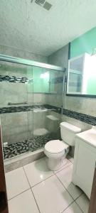 a bathroom with a toilet and a shower and a sink at Great location to explore Houston in Houston +2 photos