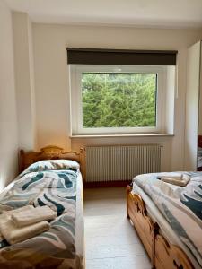 two beds in a room with a window at Tra Neve e Lago Mountain Apartment in Sella Nevea